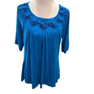 Lane Bryant Women's Babydoll Blue Floral Neckline Neck Short Sleeve Top Sz 18/20